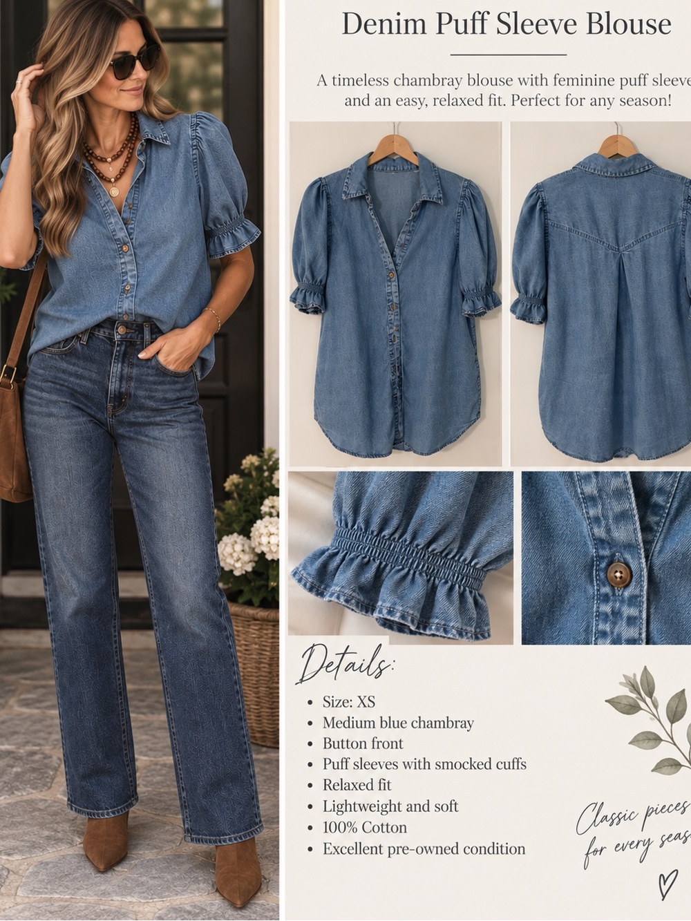 Denim Puff Sleeve Blouse - Medium Blue Chambray